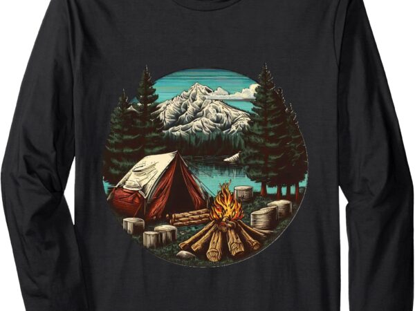 A cozy campfire by the lake and snowy mountain peaks long sleeve t-shirt