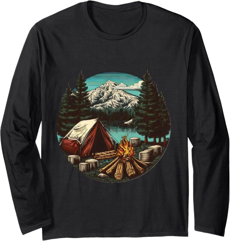 A Cozy Campfire by the Lake and Snowy Mountain Peaks Long Sleeve T-Shirt