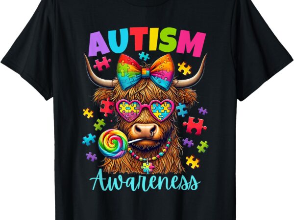 Autism awareness highland cow puzzle pieces asd women girls t-shirt