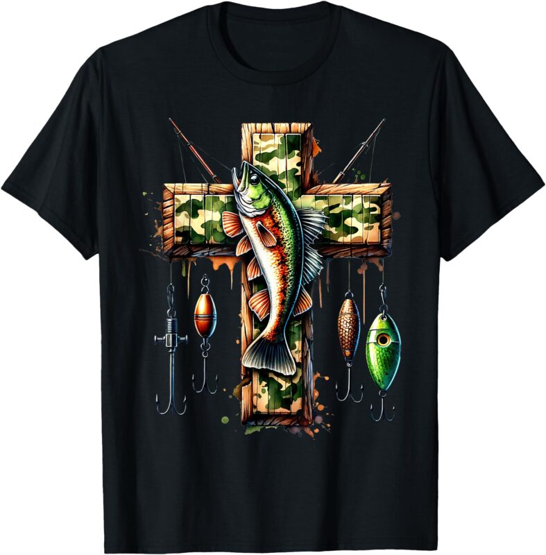 Camo Cross Fishing Faith Christian Fisherman Hunter Hunting T-Shirt