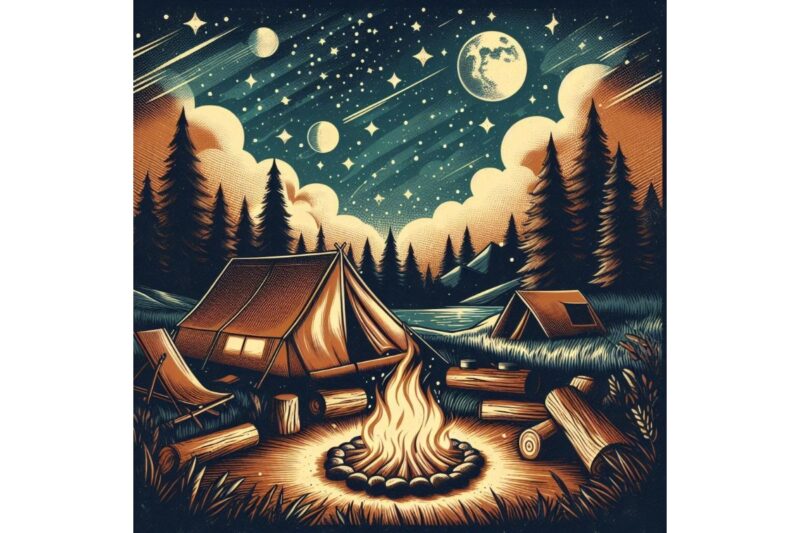 Watercolour Camping Retro Illustration T-shirt design – download instantly Retro Vintage T-shirt