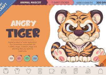 Cartoon angry tiger. T-Shirt, PNG, SVG.