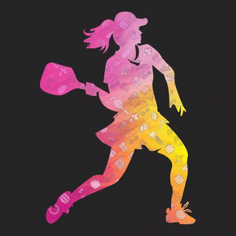Female Pickleball Player Silhouette – Gradient Pink Orange Yellow, Sporty Icons, Black Background, Modern Stylish Design for Women Athletes,