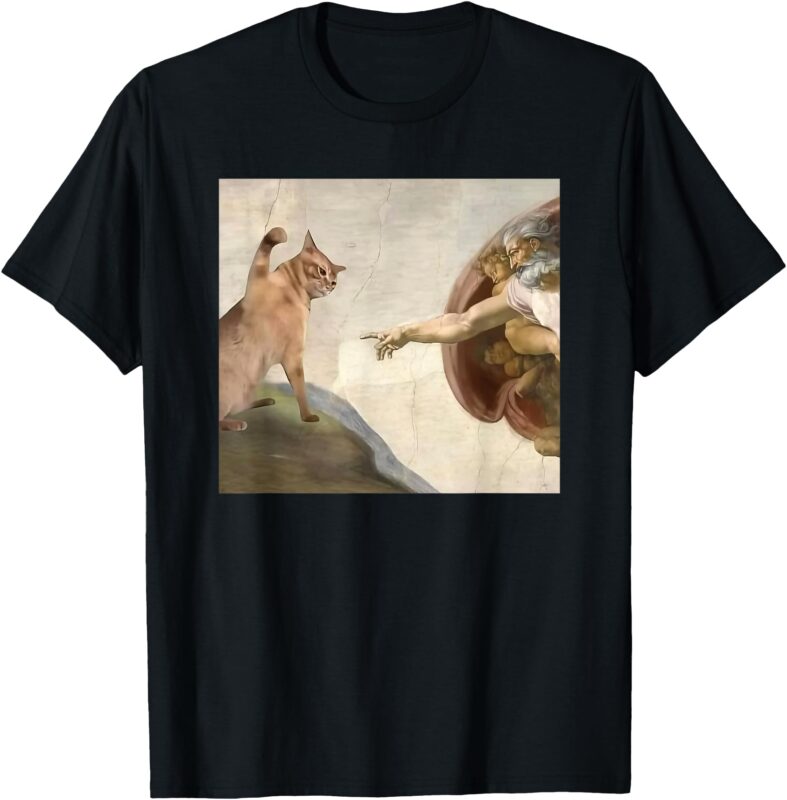 Funny Cat God Creation of Adam meme Jesus T-Shirt