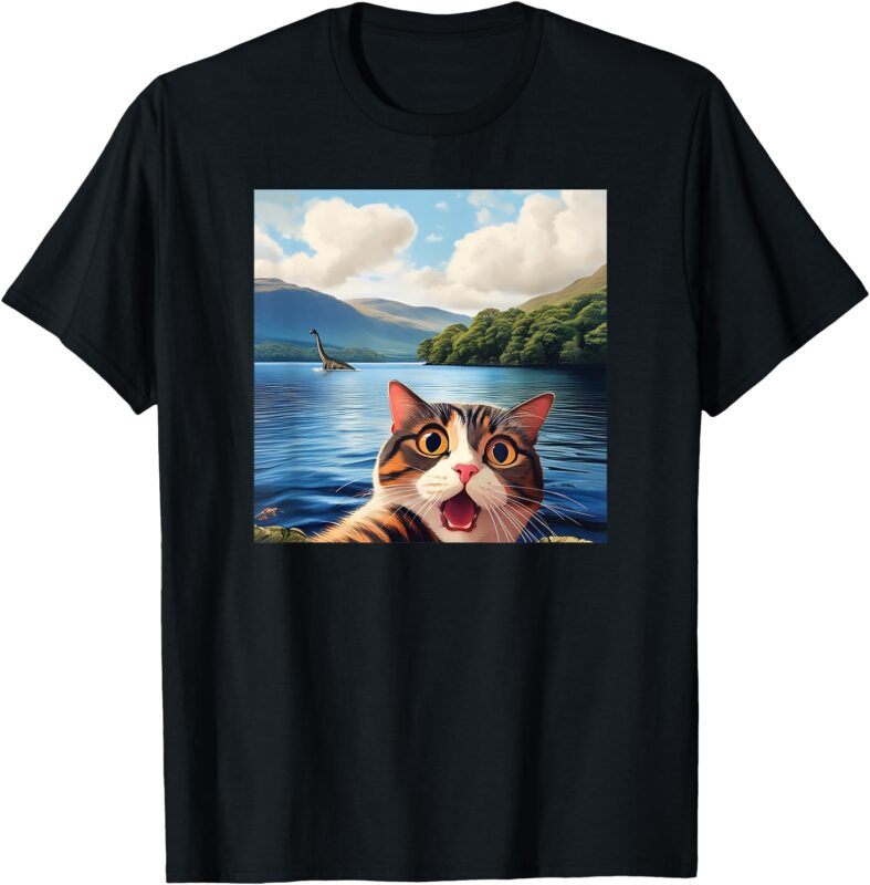 Funny Cat Selfie with Loch Ness Monster T-Shirt