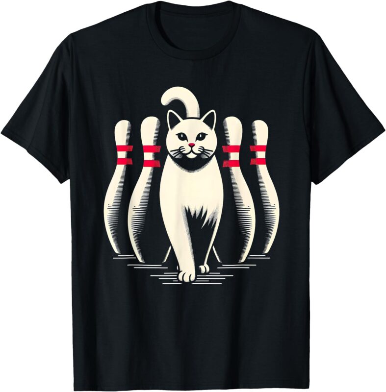 Funny Cat White Playing Bowling Retro Vintage Striking T-Shirt