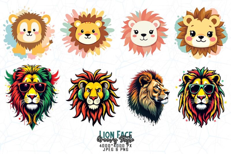 Trendy Retro Punk Lion t-shirt design bundle of 20 designs