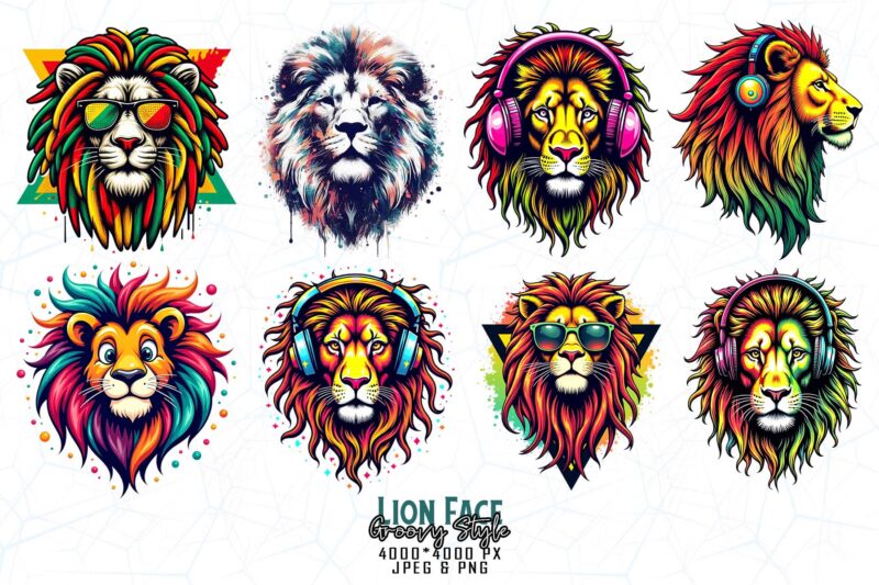 Trendy Retro Punk Lion t-shirt design bundle of 20 designs – download instantly