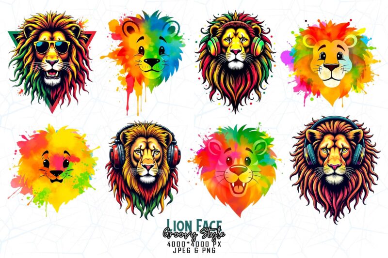 Trendy Retro Punk Lion t-shirt design bundle of 20 designs – download instantly