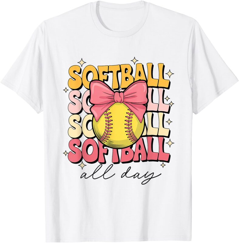 Groovy Softball Coquette Bow Softball Lover Softball All Day T-Shirt