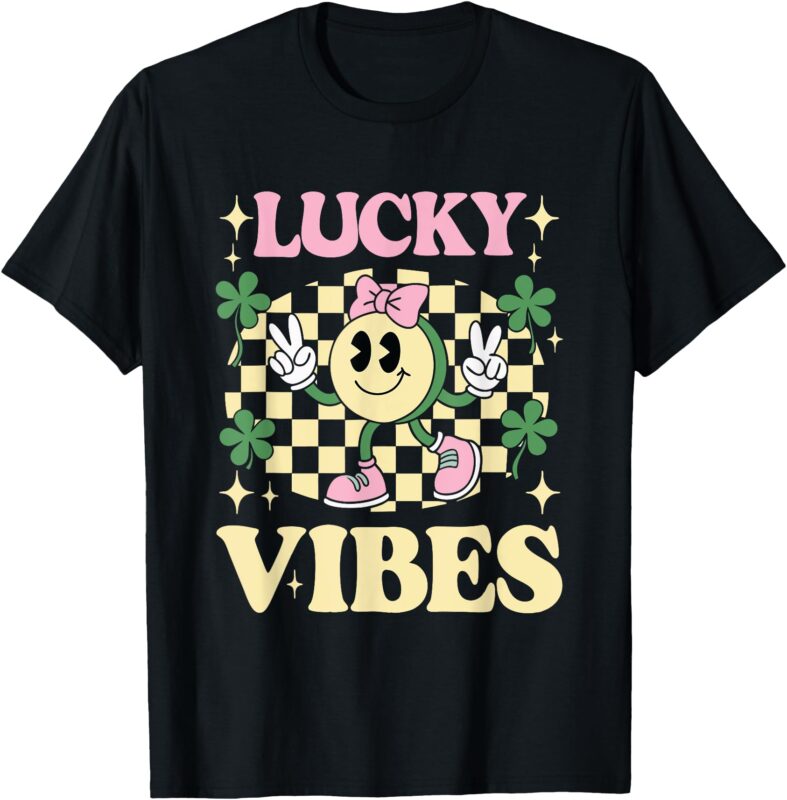 Groovy St Patricks Day Lucky Vibes Shamrock Women Girls Kids T-Shirt