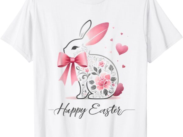 Happy easter bunny with pink bow and floral pattern women t-shirt