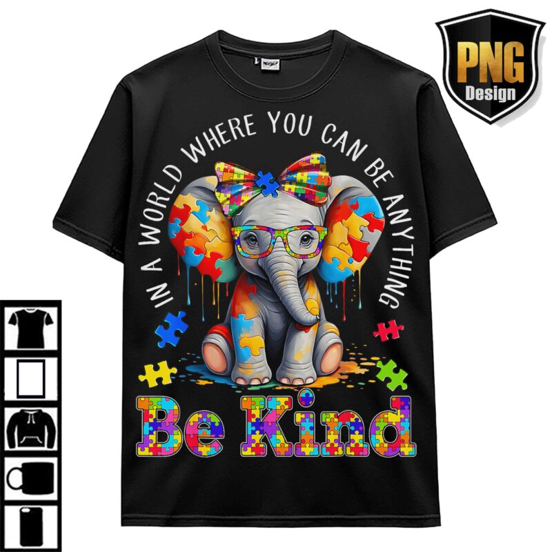 April Wear Blue Autism Awareness Be Kind Animal Elephant Dinosaur Puzzle T-Shirt Design 20 PNG