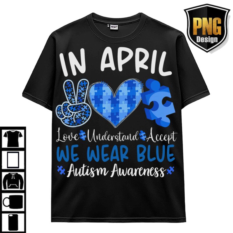 April Wear Blue Autism Awareness Be Kind Animal Elephant Dinosaur Puzzle T-Shirt Design 20 PNG