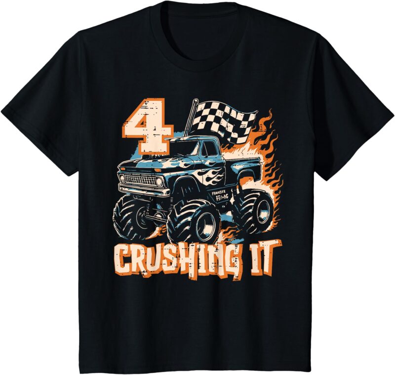 Kids 4 Crushing It Monster Truck Cool 4th Birthday Bday Boys Kids T-Shirt