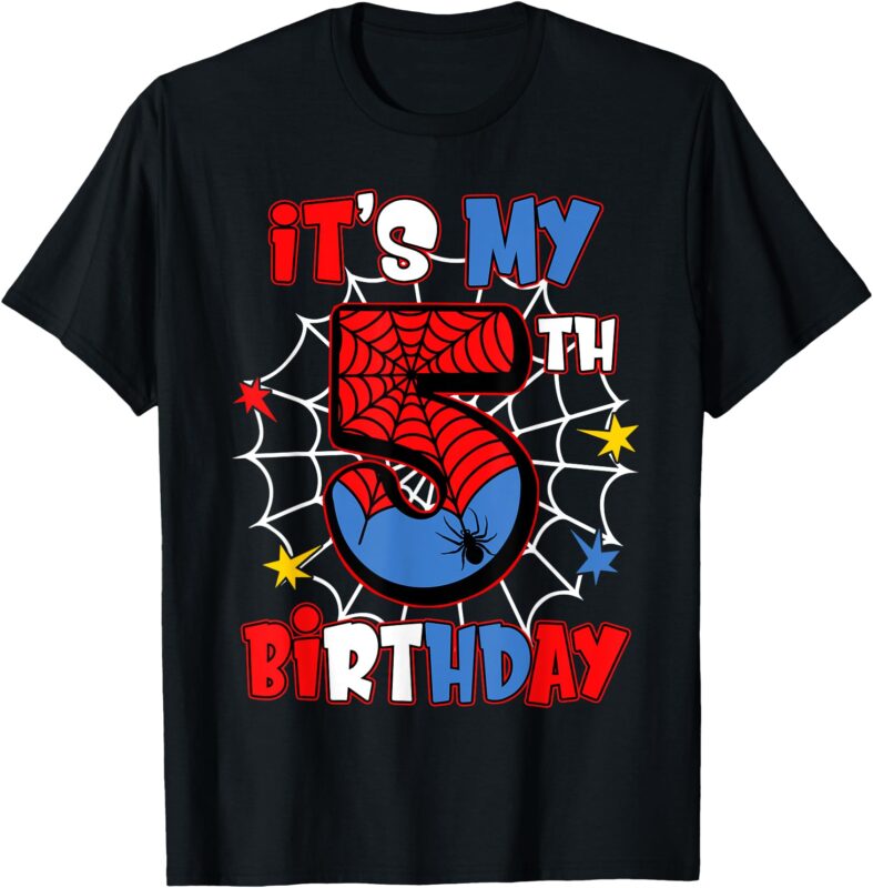 Kids It’s My 5th Birthday Spider Web Theme Party 5 Year Old T-Shirt