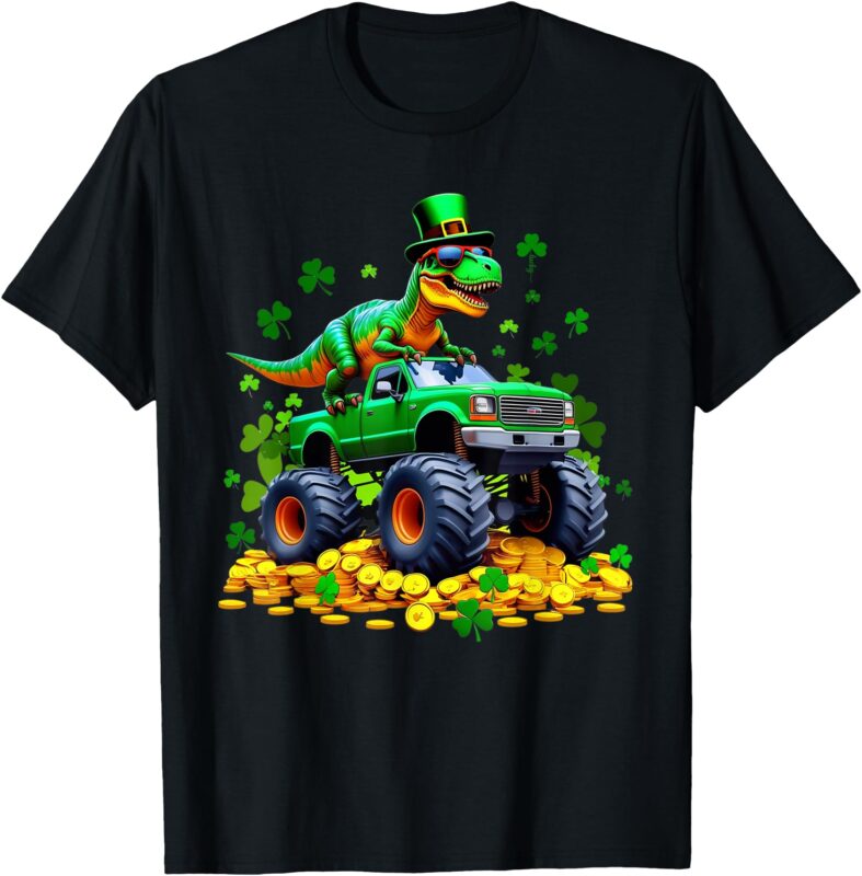 Kids St Patricks Day – Dinosaur Riding Monster Truck T-Shirt
