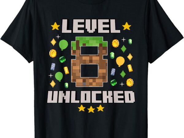 Level 8 unlocked 8th birthday gamer pixel video game party t-shirt