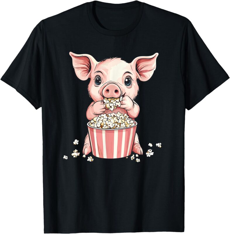 Pig Eating Popcorn Cartoon Cute Fun T-Shirt