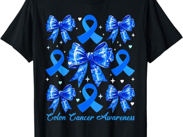 Retro coquette bow blue ribbon colon cancer awareness woman t-shirt