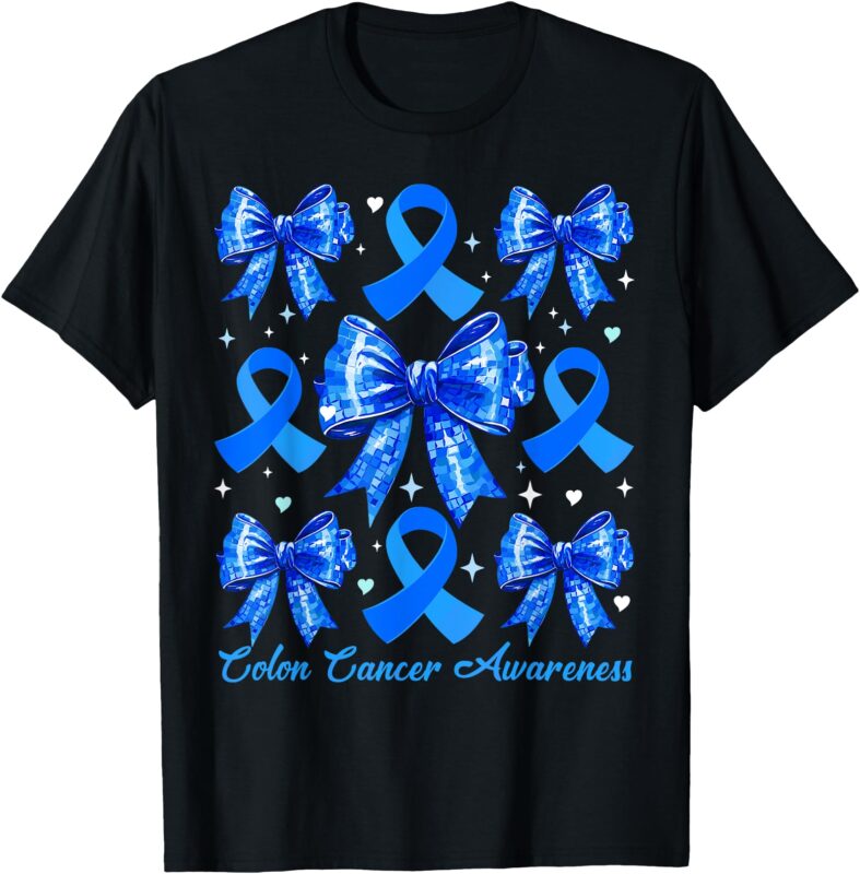 Retro Coquette Bow Blue Ribbon Colon Cancer Awareness Woman T-Shirt
