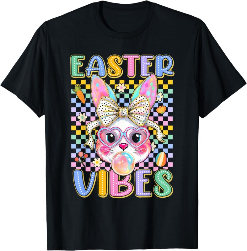 Retro Groovy Easter Vibes Bunny Checkered Smile Womens Girls T-Shirt