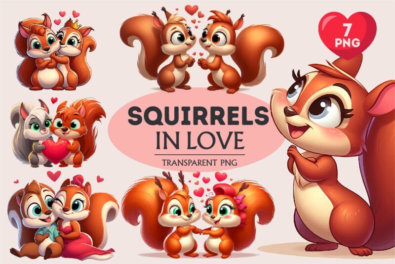 Squirrels in love. Valentine’s Day, PNG.
