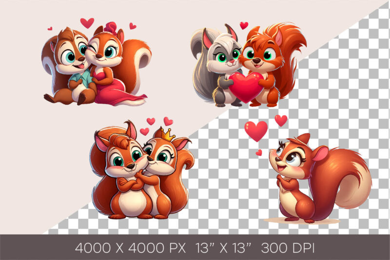 Squirrels in love. Valentine’s Day, PNG.