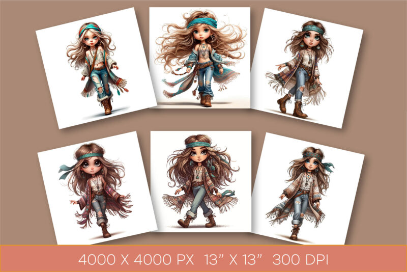 Stylish cartoon hippie girl. Clipart.
