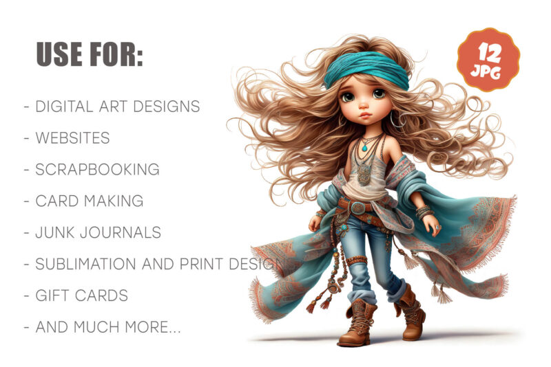 Stylish cartoon hippie girl. Clipart.