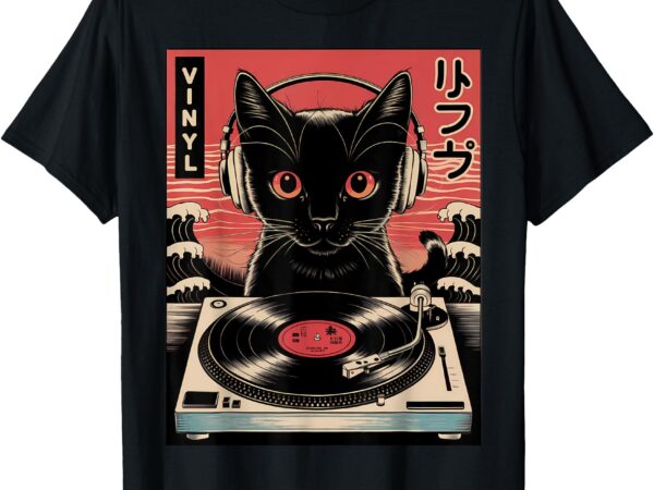 Vintage japanese cat with headphones spinning vinyl records t-shirt