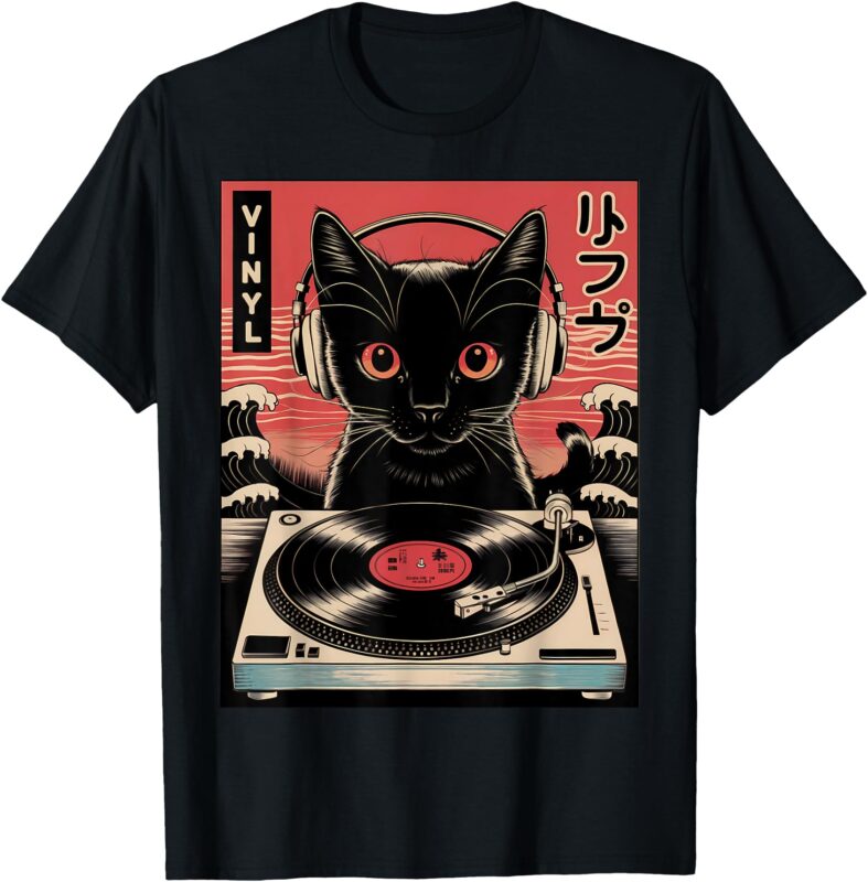 Vintage Japanese Cat With Headphones Spinning Vinyl Records T-Shirt