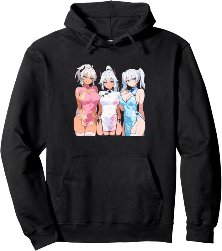 Waifu Sexy Anime Girl Horns Chinese Dress Manga Style Pullover Hoodie