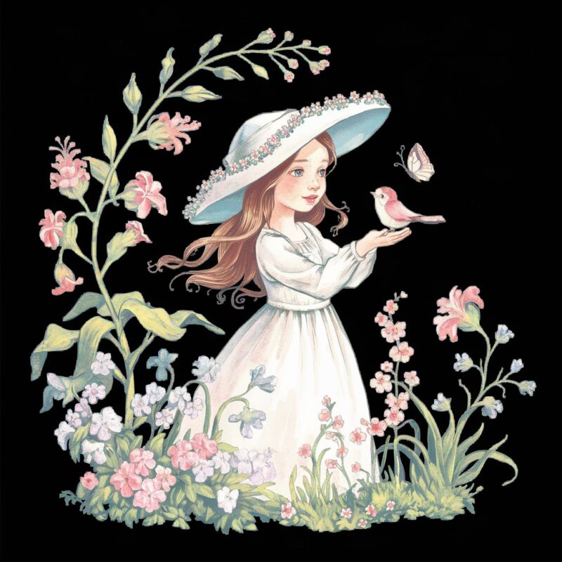 Whimsical Girl with Bird Art Print Elegant Wide Brim Hat