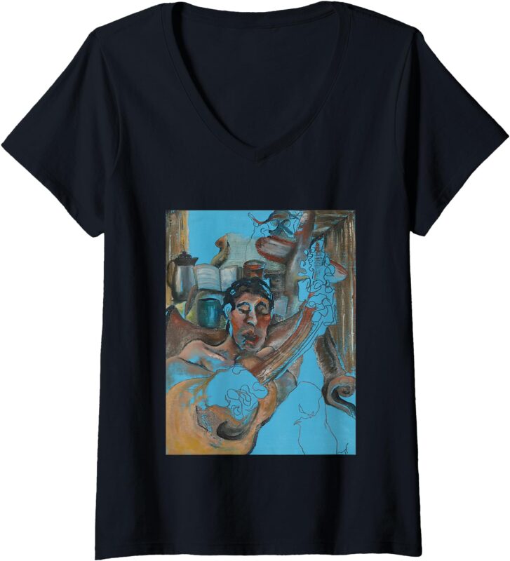 Womens Blue Guitar Player V-Neck T-Shirt