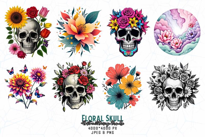 Best Selling Popular Punk Style Floral Skull t-shirt design bundle of 100 designs – download instantly