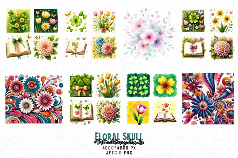 Mega Bundle of Trendy Retro Punk Skull Floral t-shirt design bundle of 100 designs