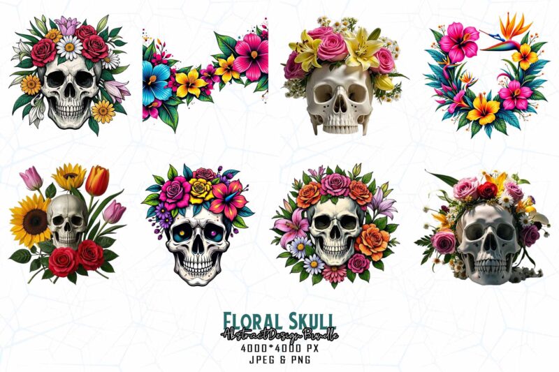 Best Selling Popular Punk Style Floral Skull t-shirt design bundle of 100 designs – download instantly