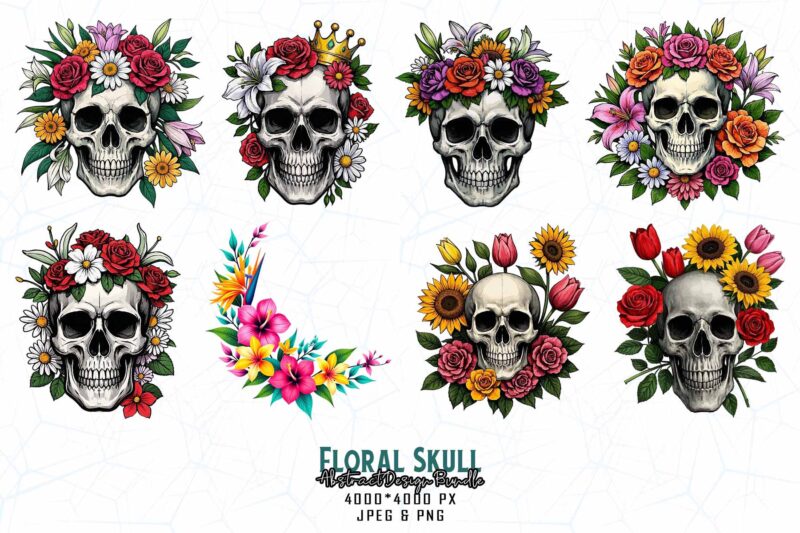 Best Selling Popular Punk Style Floral Skull t-shirt design bundle of 100 designs – download instantly