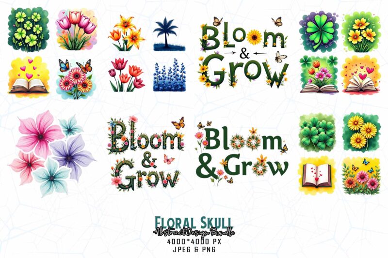 Mega Bundle of Trendy Retro Punk Skull Floral t-shirt design bundle of 100 designs