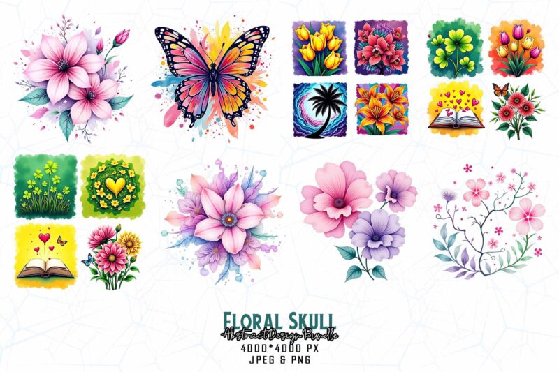 Best Selling Popular Punk Style Floral Skull t-shirt design bundle of 100 designs – download instantly
