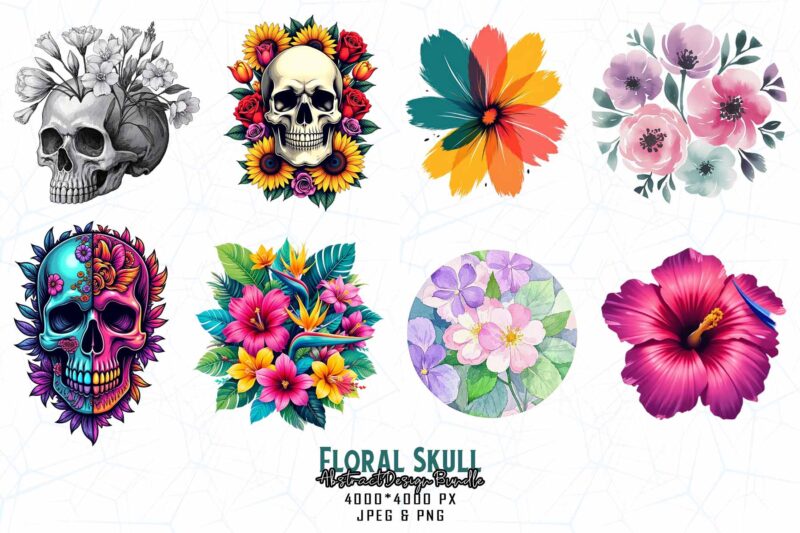 Best Selling Popular Punk Style Floral Skull t-shirt design bundle of 100 designs – download instantly