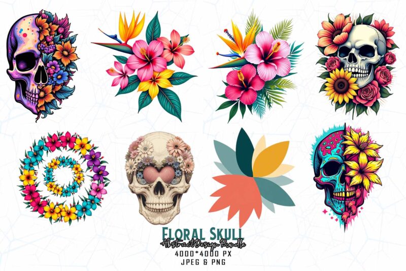 Best Selling Popular Punk Style Floral Skull t-shirt design bundle of 100 designs – download instantly