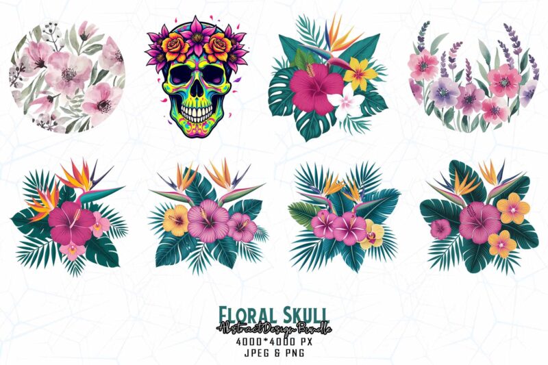 Best Selling Popular Punk Style Floral Skull t-shirt design bundle of 100 designs – download instantly