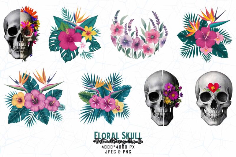 Best Selling Popular Punk Style Floral Skull t-shirt design bundle of 100 designs – download instantly