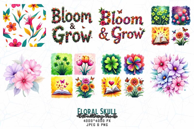 Vintage Floral Skull t-shirt design bundle of 20 designs – download instantly