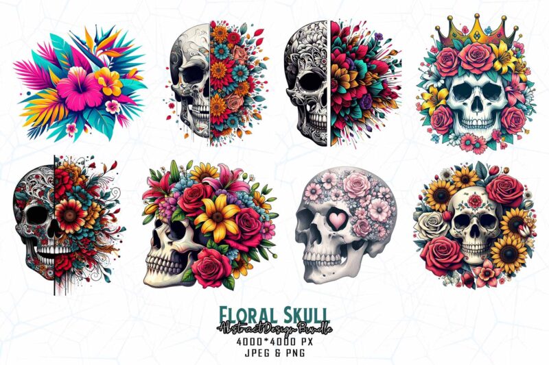 Vintage Punk Style Floral Skull t-shirt design bundle of 20 designs – download instantly