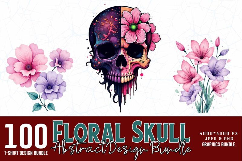 Best Selling Popular Punk Style Floral Skull t-shirt design bundle of 100 designs – download instantly
