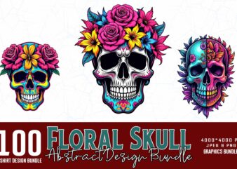 Best Selling Popular Punk Style Floral Skull t-shirt design bundle of 100 designs – download instantly
