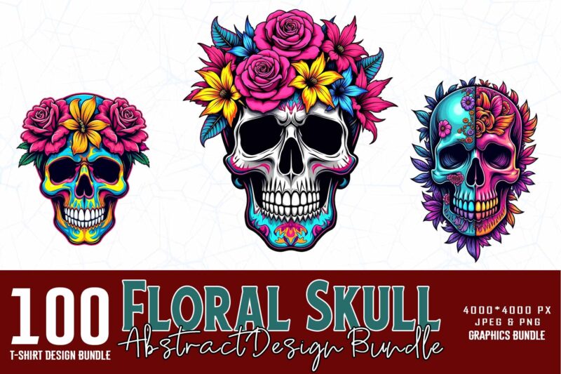Best Selling Popular Punk Style Floral Skull t-shirt design bundle of 100 designs – download instantly